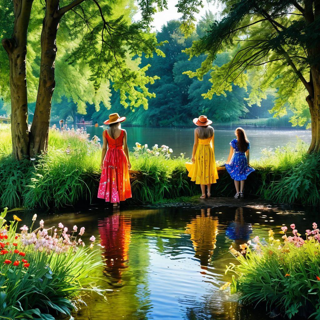 A serene riverside scene along the River Cam, featuring a diverse group of stylish individuals dressed in vibrant summer fashion. The atmosphere is filled with sunshine, colorful flowers, and gentle ripples on the water, highlighting a sense of joy and transformation from melancholy to warmth. Brightly colored outfits contrast beautifully against the lush greenery and the shimmering river. Add a whimsical touch with glowing butterflies and sunbeams filtering through the trees. super-realistic. vibrant colors. natural setting.