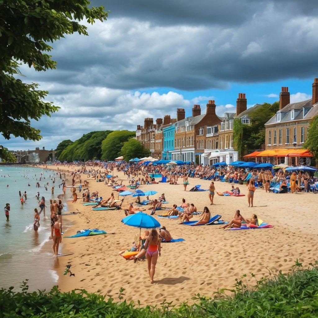 A vibrant scene of a historic Cambridge beach, showing people in colorful swimwear enjoying the sun, with joyful expressions. The background features iconic Cambridge architecture and lush greenery, while beachgoers engage in beach sports and relaxing activities. A transitioning sky from gray clouds to bright blue, symbolizing the move from melancholy to sunshine. The overall atmosphere radiates happiness and warmth. vibrant colors. super-realistic.